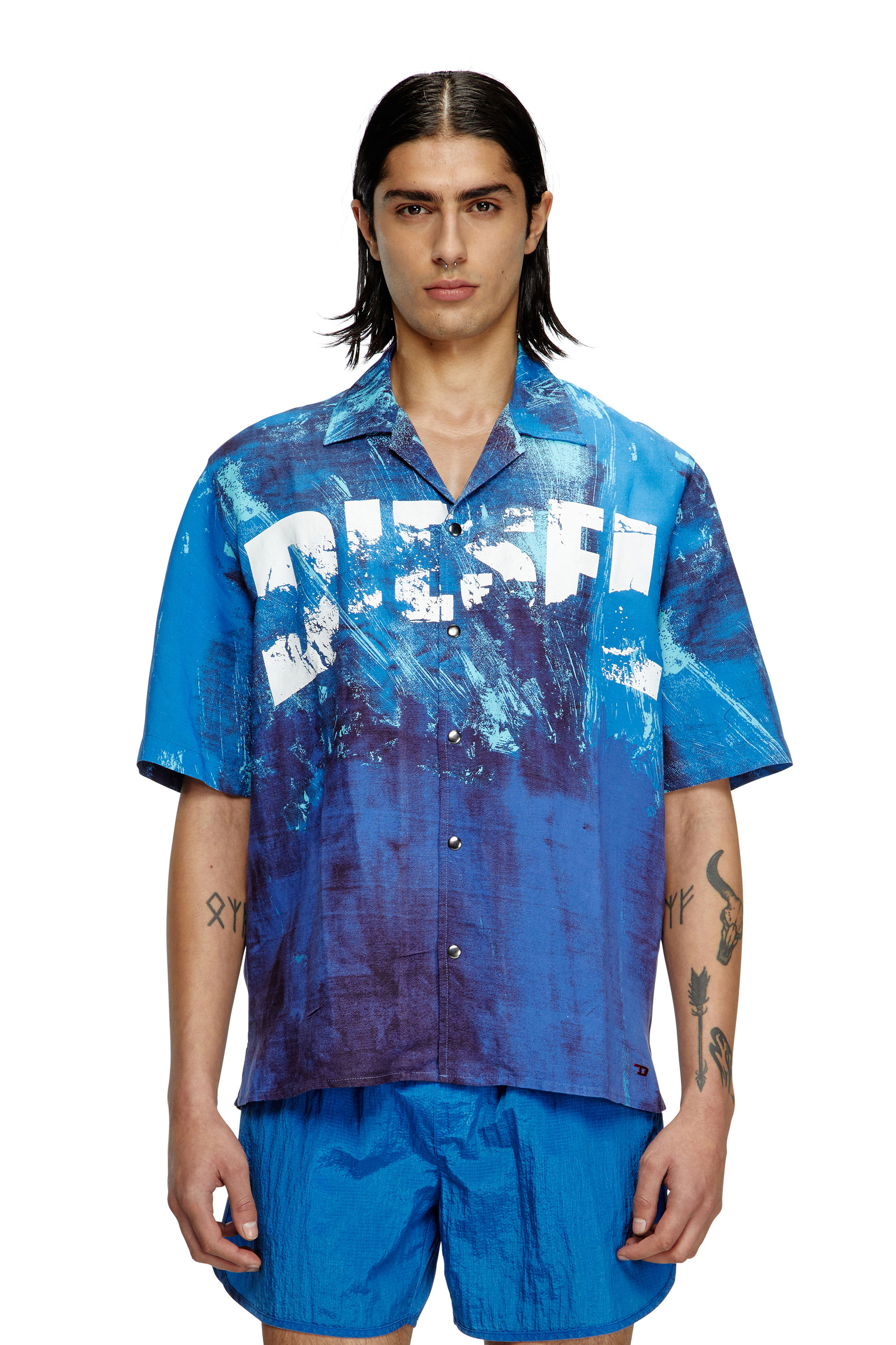 Diesel - CHARLES-D-POP, Man's Printed beach shirt in linen blend in Blue - 2